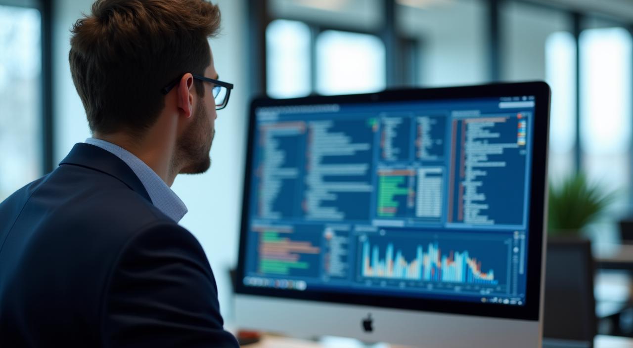 Professional data scientist working on complex data visualizations in a modern London office